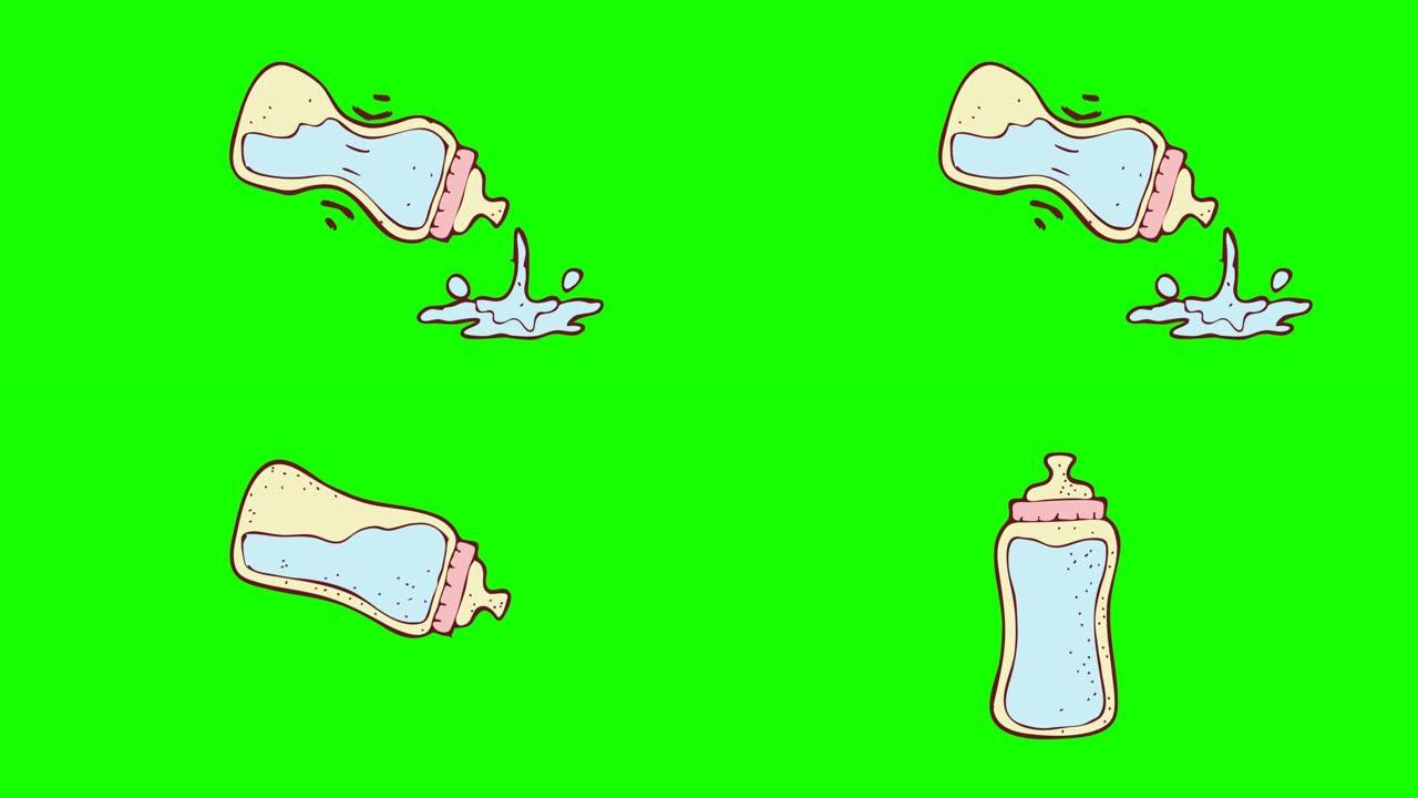 婴儿奶瓶手绘绿色背景动画