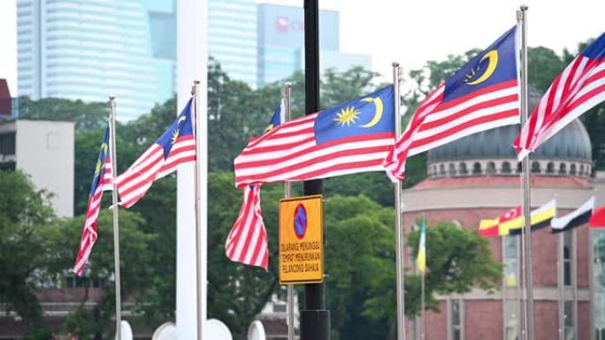 在一幢办公楼和树木的背景下，挥舞着马来西亚国旗