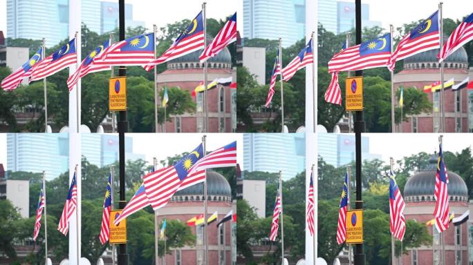 在一幢办公楼和树木的背景下，挥舞着马来西亚国旗