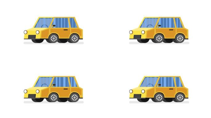 卡通黄色汽车动画。循环动画。4k分辨率