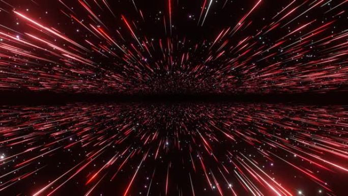 抽象超空间背景。光速，霓虹灯发光的光线和运动中的星星，带有徽标或文字的空间。红色版本。穿过星星。4k