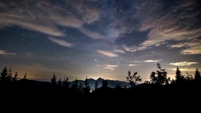 夜空之美，银河系星和山脉中的云层景观时光流逝