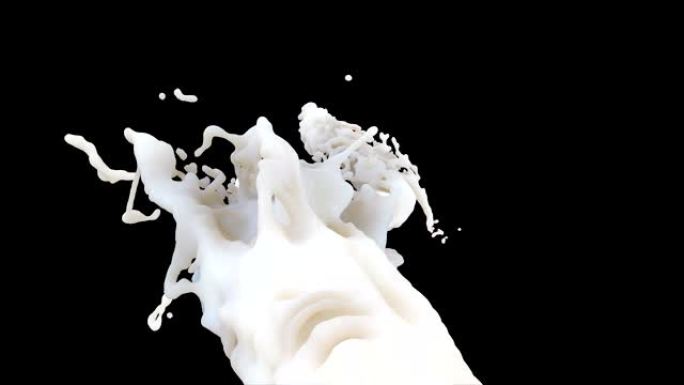 白色流体飞溅慢动作动画。液体滴旋转逼真的3d镜头。牛奶纺丝流在黑色背景上隔离。流体涡流。丙烯酸涂料液