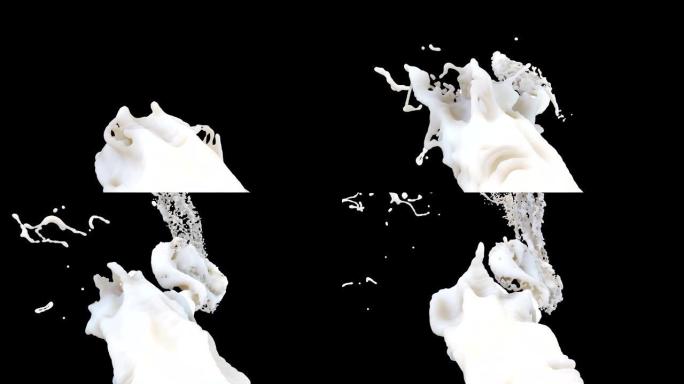 白色流体飞溅慢动作动画。液体滴旋转逼真的3d镜头。牛奶纺丝流在黑色背景上隔离。流体涡流。丙烯酸涂料液