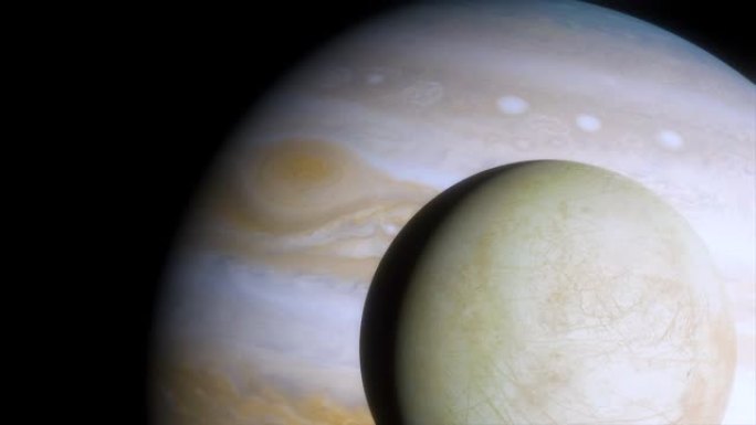 大型气体行星木星背景上的冰月木卫二。木星上的大红斑。木星的电影动画