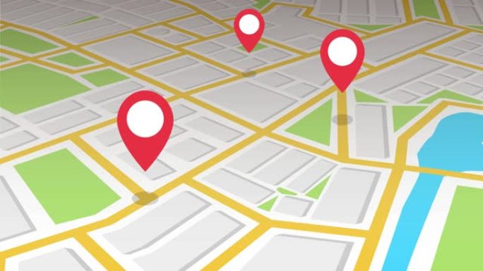 导航地图和三个红色检查点图标。白色背景上的循环动画。4k分辨率。