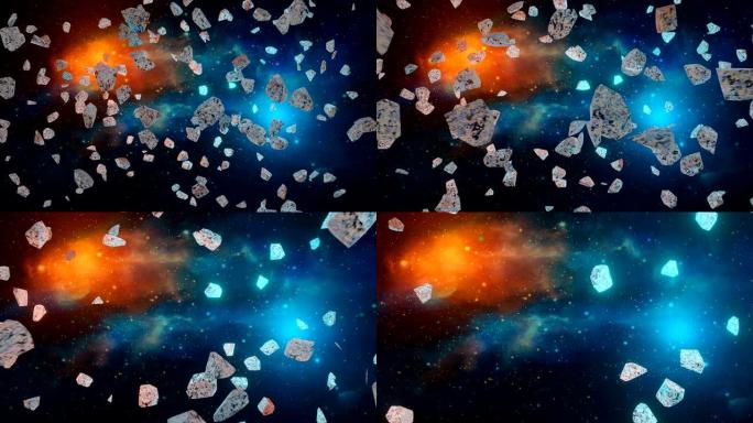 空间场景。用蓝色和橙色的光和五颜六色的星云飞过小行星。