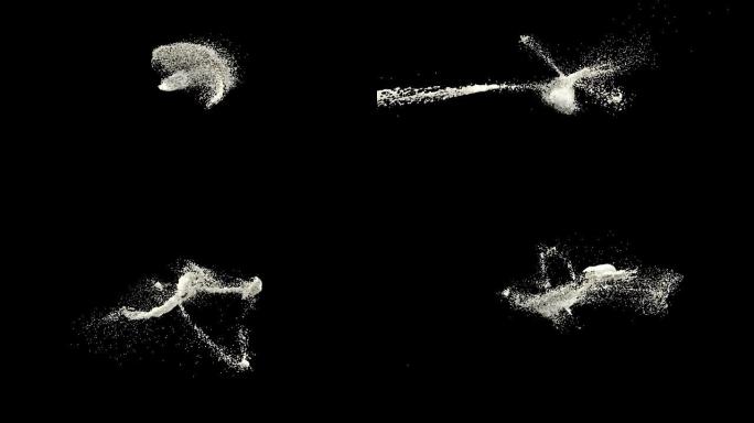 白漆滴爆炸逼真动画。3d牛奶飞溅在黑色背景上孤立的空气中旋转。流畅的纹理舞蹈运动。白色液滴在一次运动