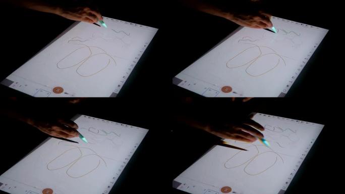 女人使用交互式触摸屏投影仪显示器在展览中绘画