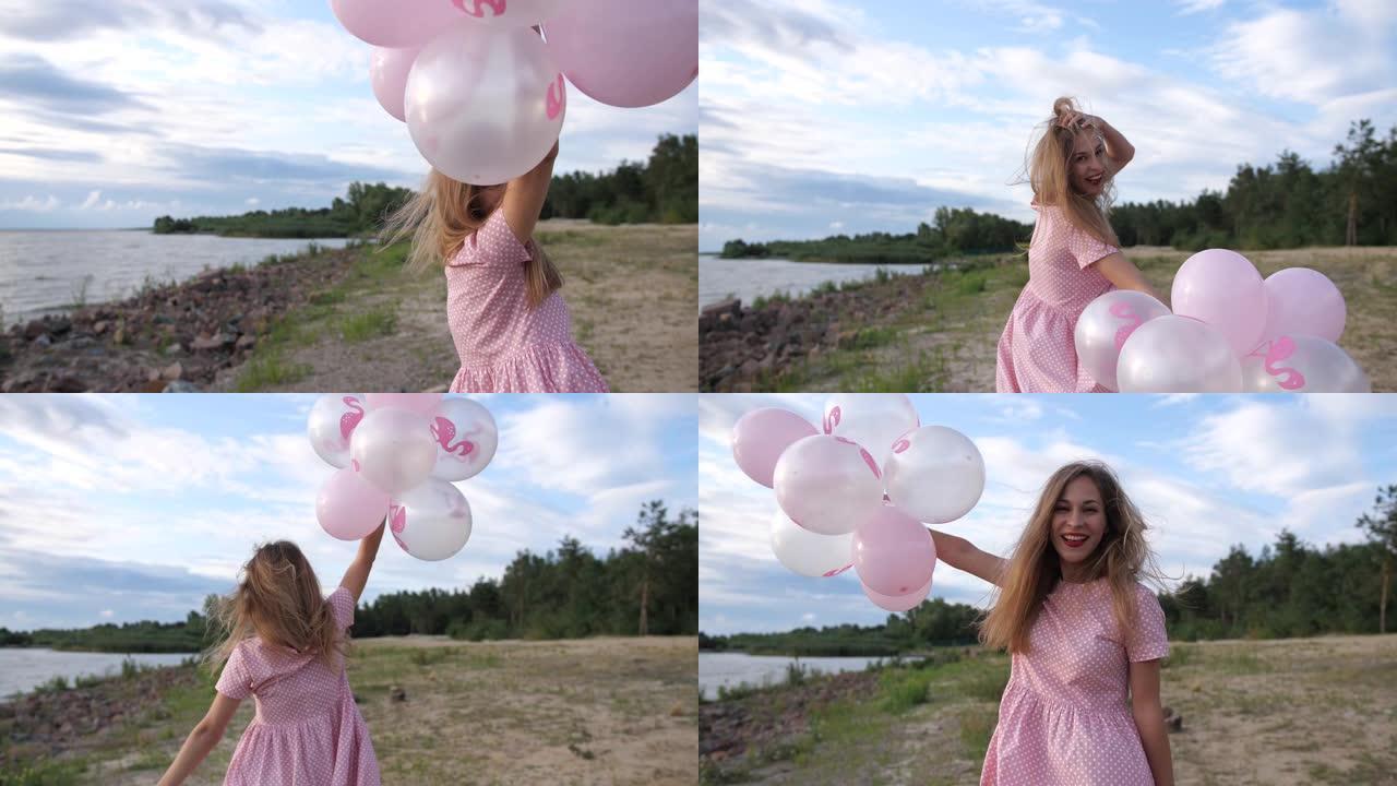 一个美丽的年轻女子手里拿着粉红色和白色的球，快乐地沿着海滩散步。时尚。4k慢速移动