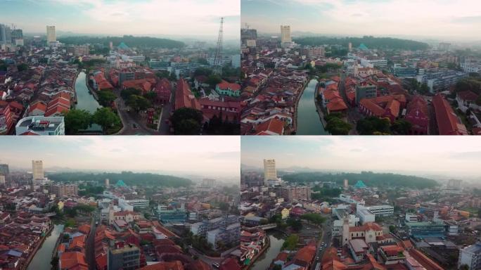 马六甲市、斯塔德图伊、老城区和河流的鸟瞰图