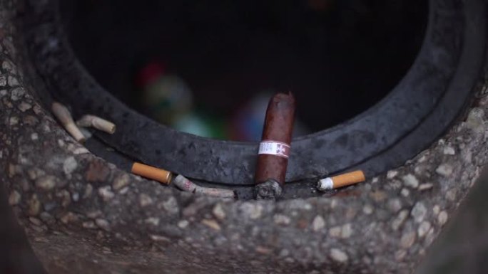 一个昂贵的雪茄存根躺在垃圾的边缘