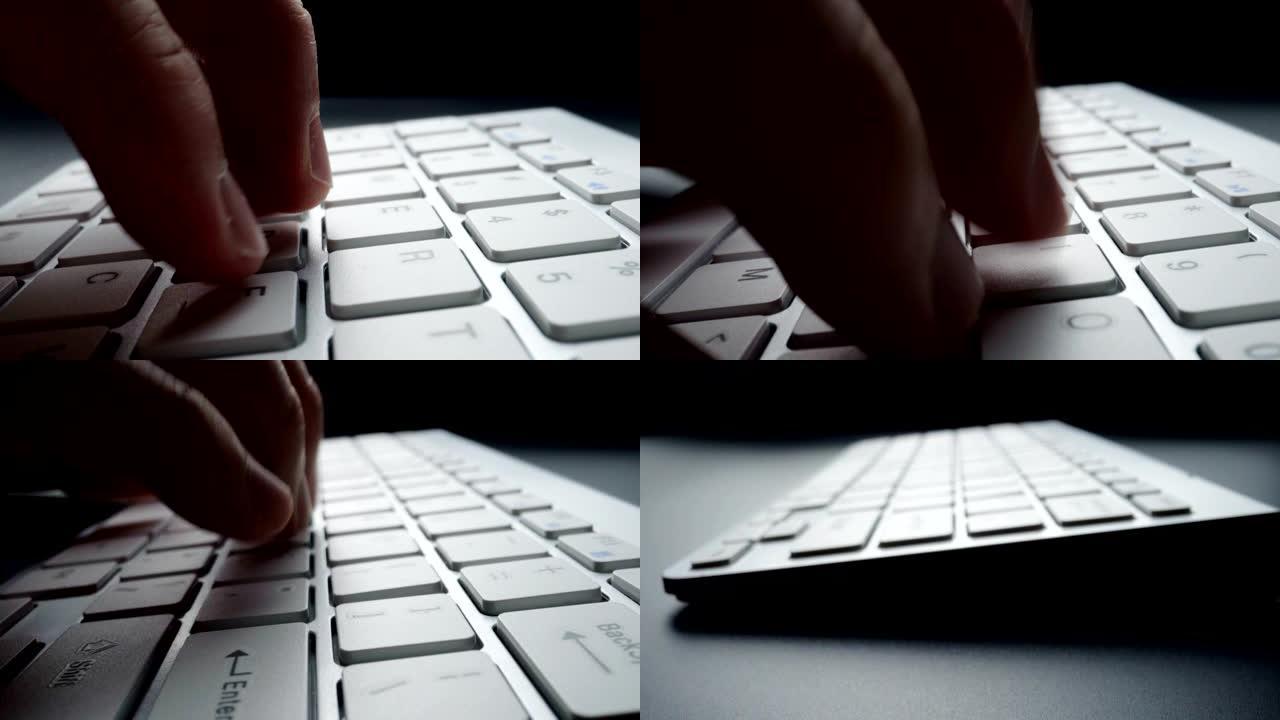 用手指在键盘上近距离延时打字。微距软焦多莉镜头