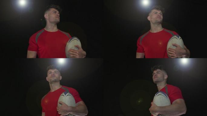 男性橄榄球运动员肖像姿势-超慢动作180度旋转