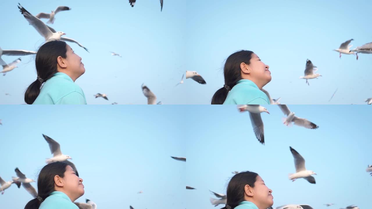 快乐的亚洲女士用好天气让自己焕然一新。海鸥飞来飞去。慢动作。