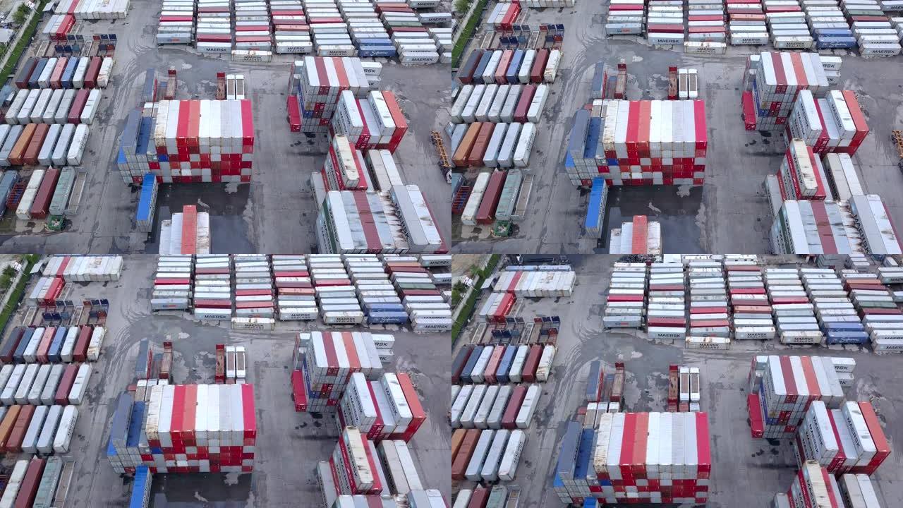 码头港口集装箱的4k航拍。进出口概念。