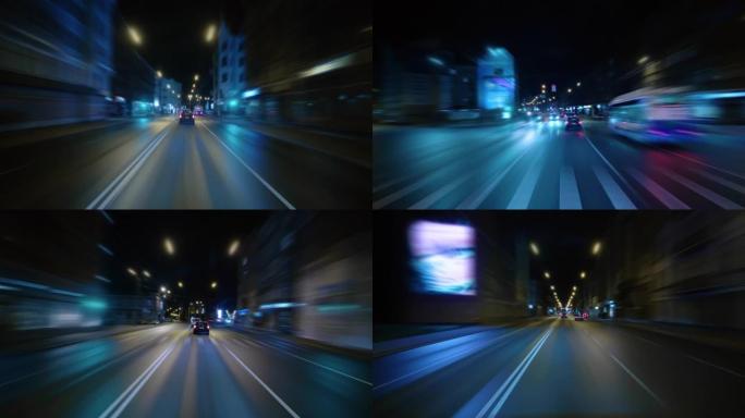 4K-夜间市中心交通。快速驾驶延时