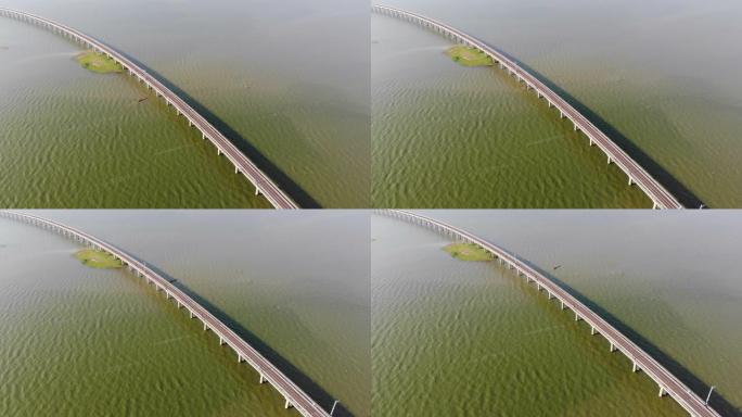 无人机在一条大河上的火车铁路拍摄了鸟瞰图。
