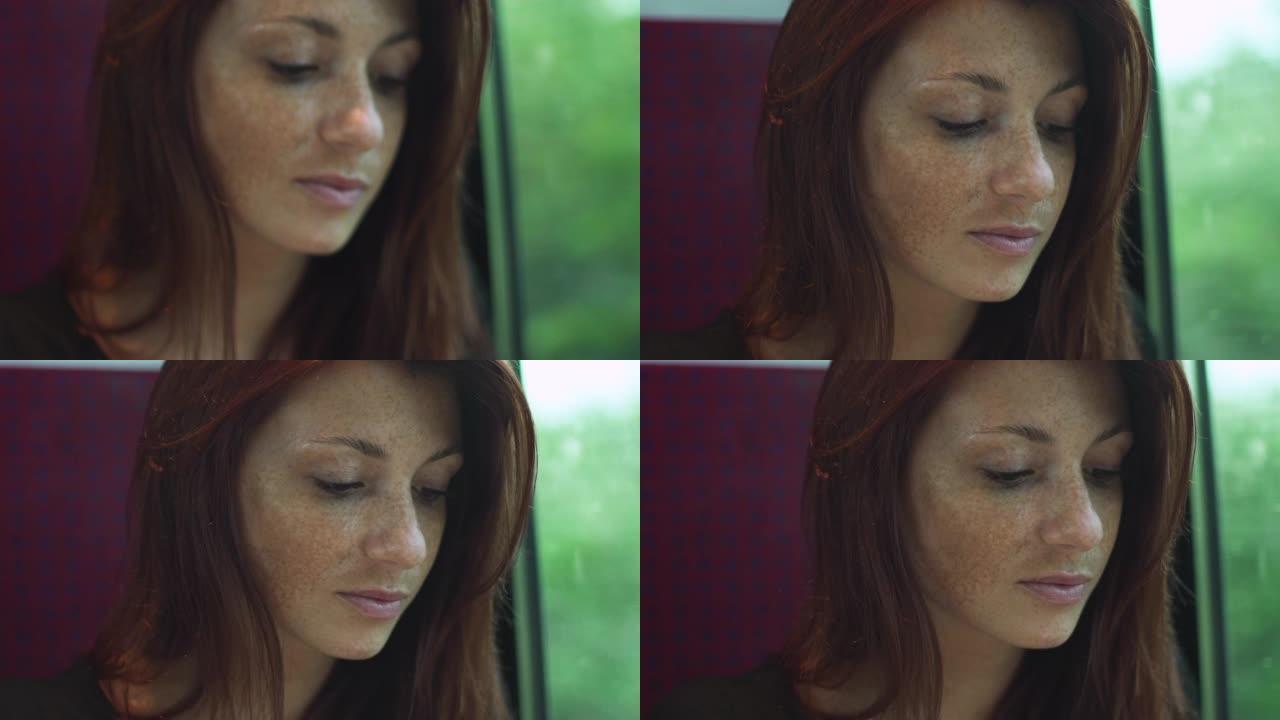 巴黎阳光明媚的夏天，在火车旅行中，带着雀斑、穿孔和红发的红发女孩看书的特写镜头。4K UHD。慢动作