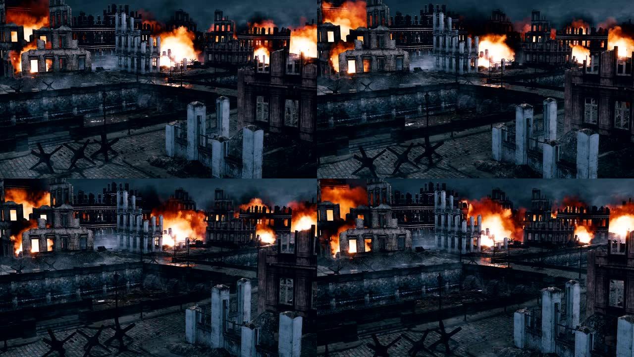 城市战场场景与夜间建毁建筑