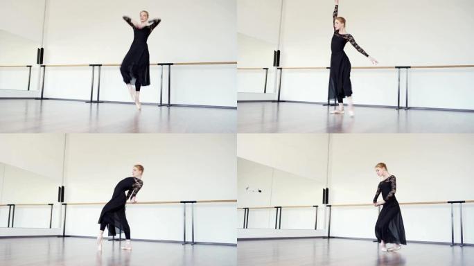 优美的职业芭蕾舞演员穿着脚尖鞋，黑色紧身连衣裤和长裙在芭蕾舞工作室排练
