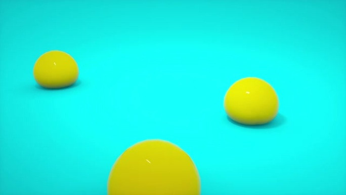 柔软的身体黄色球落到蓝色地板背景。明胶果冻球弹跳。抽象和对象概念。3D渲染插图。4k镜头视频