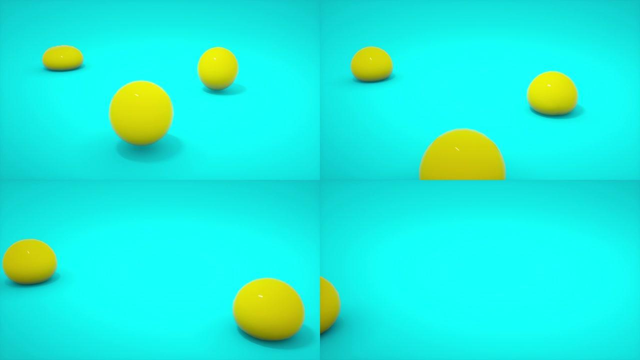 柔软的身体黄色球落到蓝色地板背景。明胶果冻球弹跳。抽象和对象概念。3D渲染插图。4k镜头视频