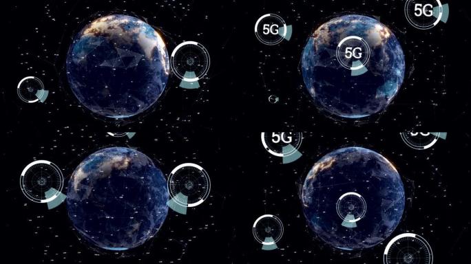 5g写在一个未来主义圈子和地球中间，线条不对称