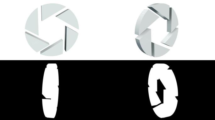 光圈虹膜膜片标志在白色上旋转。光阑像摄影的圆形符号，技术标志。提供高清视频3d渲染素材