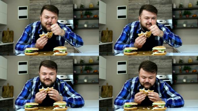 留着胡子的胖家伙吃了一块汉堡，露出砰的一声。食物非常美味。丰满的家伙很高兴。不健康的生活方式，油炸和