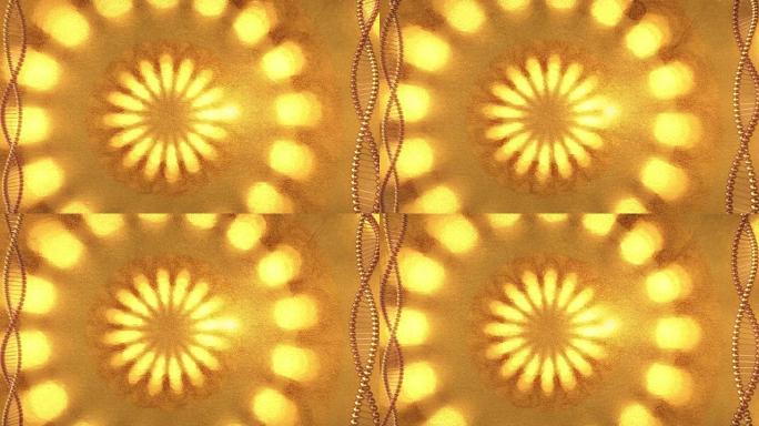 带有DNA分子漩涡的金色几何背景。3D渲染循环4k