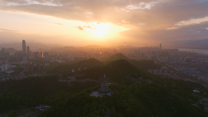 【4k合集4】航拍日落下的椒江城市风光