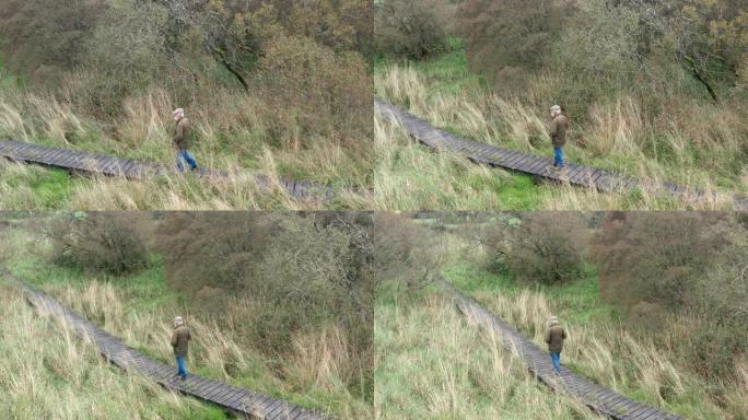 在苏格兰乡村的木板路上行走的一名高级男子的鸟瞰图
