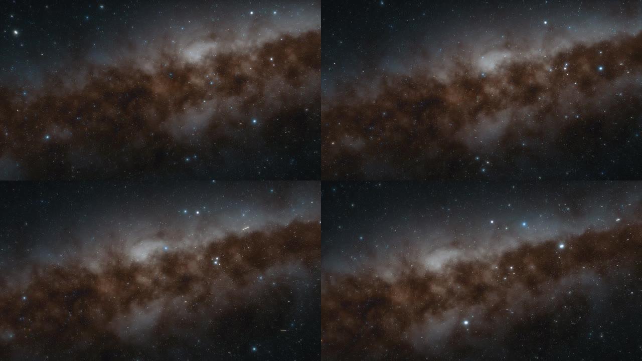 宇宙飞船以光速飞过太空中的一个星系。银河系中的数十亿颗恒星。美丽的星星集群。4k动画。