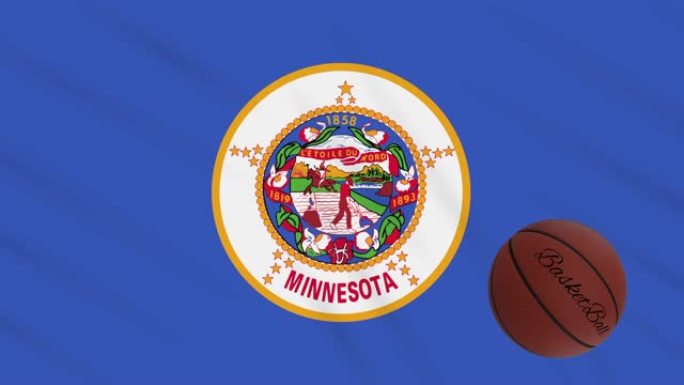 明尼苏达州的旗帜挥舞和篮球旋转，循环
