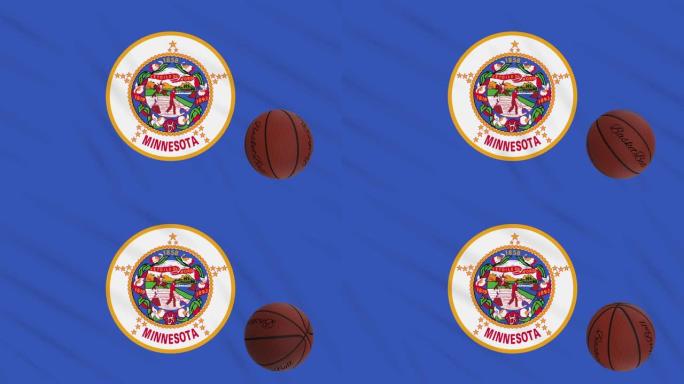 明尼苏达州的旗帜挥舞和篮球旋转，循环