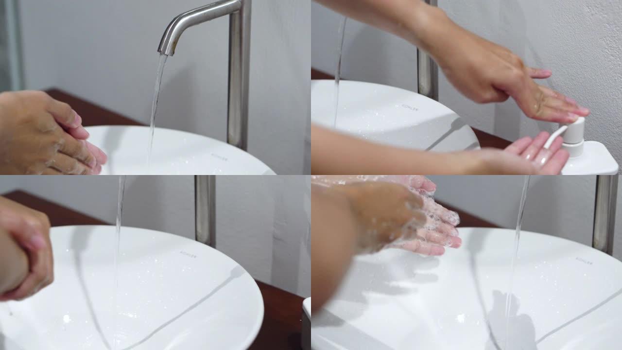 一名男子用洗手盆里的肥皂洗手