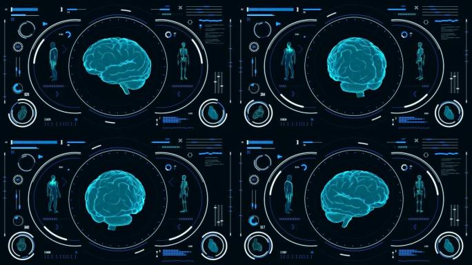人脑扫描。具有HUD和信息图表元素的未来医学用户界面。虚拟技术背景。用于商业，游戏，运动设计，web
