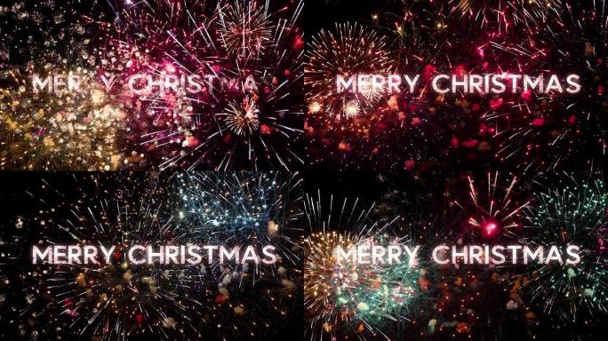 圣诞快乐问候文本，在黑色的夜空中闪耀着火花和烟花。非常适合圣诞节和新年庆祝活动、排版设计-活动和节日