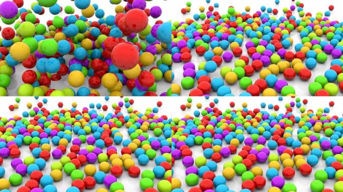 彩色小球落在地板镜头上。许多多色球体，糖果落在地上并弹跳快速动画。散布在视频周围的塑料装饰球体堆