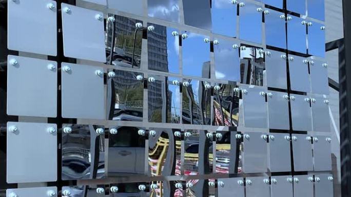 带有现代城市摩天大楼在风中摇曳的反射的抽象镜像装饰板