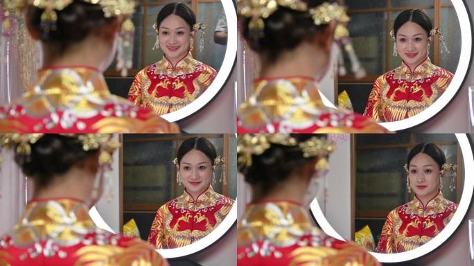 美丽的中国新娘的倒影，发型和配饰