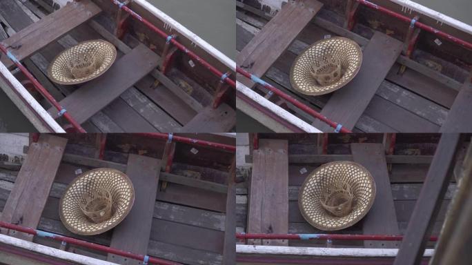 旅游文化船上的一顶手工制作的竹帽。