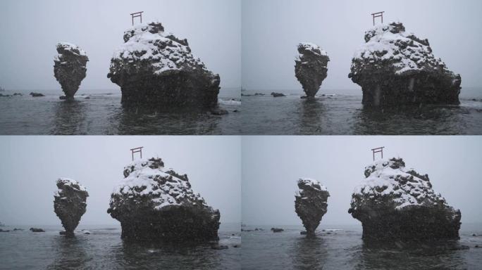 日本北海道降雪下的惠比寿岩岩和大国岩岩