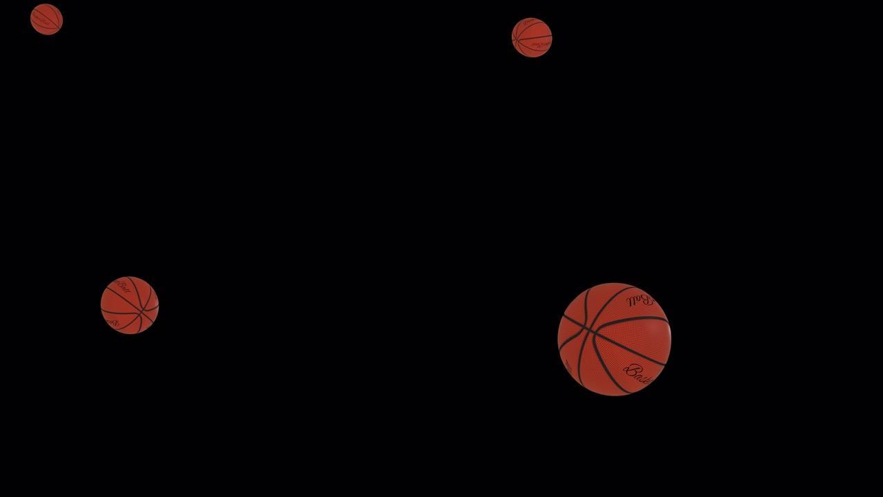 篮球与铭文篮球飞行在透明背景，4444 prores镜头与阿尔法通道