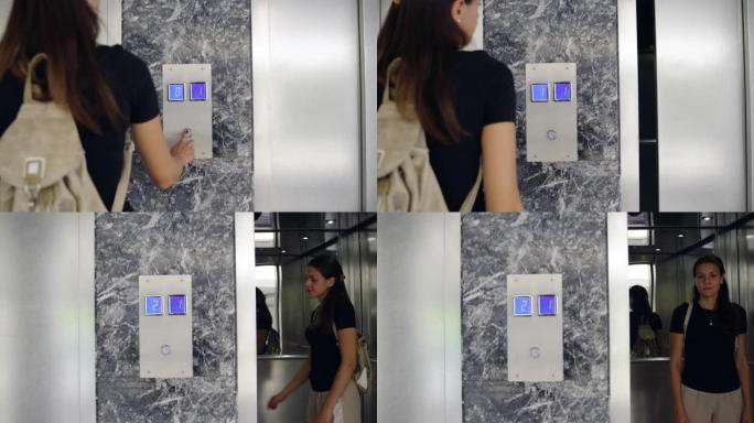 年轻女子进入电梯并看着相机