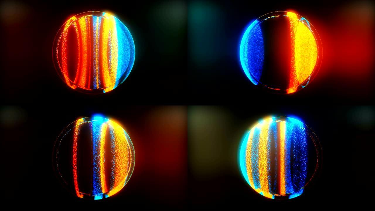 发光蓝色和橙色粒子可环背景的抽象蒙面3D球体