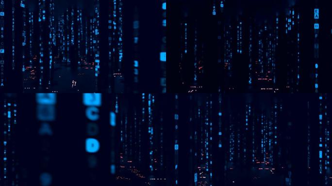 网络空间中的蓝色数字十六进制计算机代码无缝循环3D渲染动画
