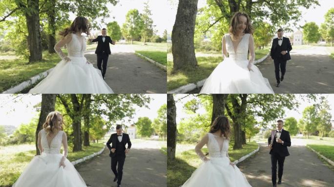 新郎在公园里为新娘奔跑。结婚夫妇。幸福家庭