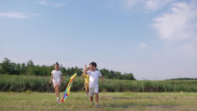 儿童娱乐，快乐的孩子在暑假期间在蓝天和芦苇的背景下奔跑玩风筝